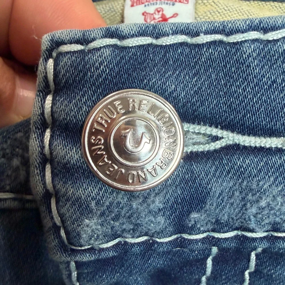 True Religion Section Slim Mens Jeans 40 Medium Wash White Contrast Stitch Blue